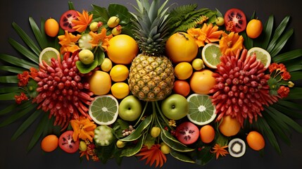 Naklejka na ściany i meble Symmetrical arrangement of tropical fruits on a table.