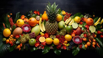 Symmetrical arrangement of tropical fruits on a table.