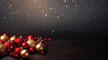 Red and gold glitter christmas ball on dark wood for decoration with lights bokeh and spakle on black background, copy space for text.