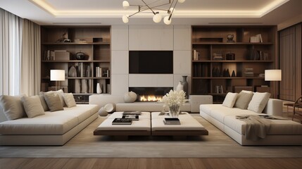 Symmetrical design of a modern living room interior.