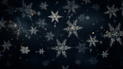 Fototapeta na wymiar Symmetrical snowflakes falling against a dark background.