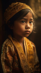 Beautiful little girl in traditional Indian attire and a gold turban, set against a dark, out-of-focus background