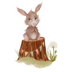 Birthday baby rabbit. Watercolor woodland greeting artwork. 