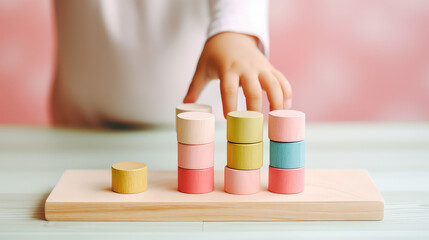 Close-up of children hands playing with a wooden block constructor. Developmental toys made of natural eco materials, early education. 