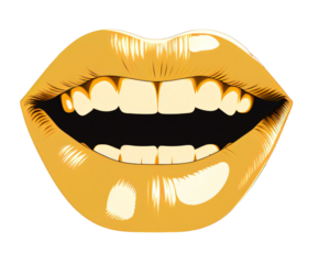 Smiling female lips with yellow vibrant lipstick, lip gloss, cartoon style .Isolated on transparent background. 