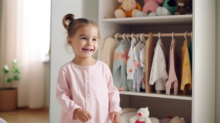 Cute little girl in children room on the background of closet with a lot of fashionable clothes. Fashion for children, modern comfortable child clothes store.  - obrazy, fototapety, plakaty