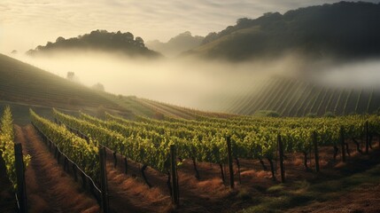 Thick fog rolling in over a hillside vineyard in a maritime climate.