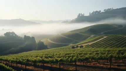 Photo sur Aluminium Vignoble Thick fog rolling in over a hillside vineyard in a maritime climate.