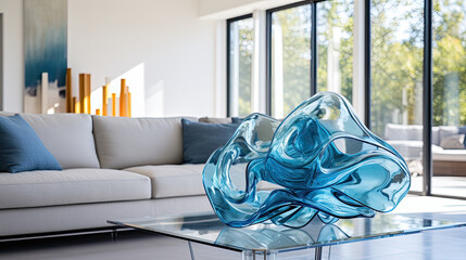 A Closeup of a Contemporary Azure Glass Sculpture Showcased in Front of a Stunning, Modern Living Room