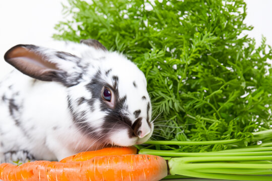colored rabbit sits on the floor and eats carrots. AI GENERATE