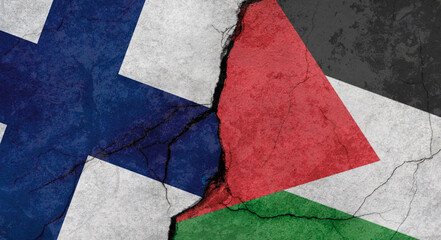 Finland and Palestine flags, concrete wall texture with cracks, grunge background, military conflict concept