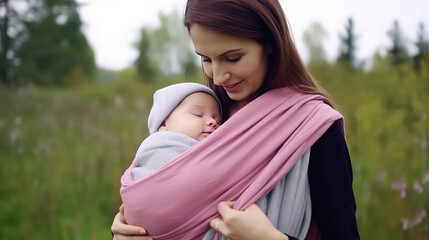 Happy mom holding newborn baby in sling, copy space. Baby carrier sling, young mother and infant. 