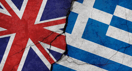 Great Britain and Greece flags, concrete wall texture with cracks, grunge background, military conflict concept