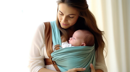 Happy mom holding newborn baby in sling, copy space. Baby carrier sling, mother and infant. 