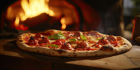 Fresh baked pizza closeup, traditional wood fired oven - obrazy, fototapety, plakaty