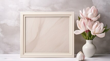  a white vase with pink flowers next to a white picture frame.  generative ai
