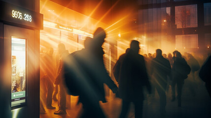 Silhouettes of people entering a cinema with the glowing ticket booth, blurred background