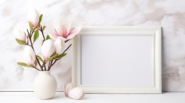  a white vase with pink flowers and a white picture frame.  generative ai