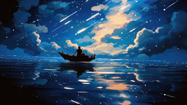 Fisherman in boat on the sea at night. Vector illustration