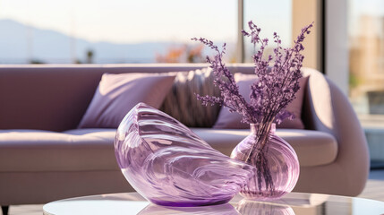 A Closeup of a Contemporary Lavender Glass Sculpture Showcased in Front of a Stunning, Modern Living Room