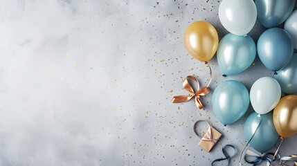  a bunch of balloons and a bow on a table with confetti.  generative ai