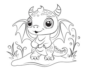 Hand-drawn cute baby dinosaur cartoon dino or baby dragon is sitting on leafy plant. Vector illustration for coloring book on white background. Drawing line contour.