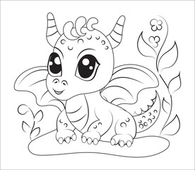 Hand-drawn cute baby dinosaur cartoon dino or baby dragon is sitting on leafy plant. Vector illustration for coloring book on white background. Drawing line contour.