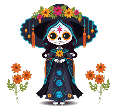 Vector illustration for the Mexican holiday Day of the Dead. Image cute dead girl in cartoon style in big Mexican sambrero hat with flowers.  Isolated design element on white background.