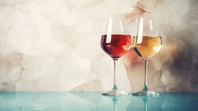  two glasses of wine are sitting on a blue table top.  generative ai