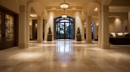 Tumbled travertine tiles in an opulent foyer