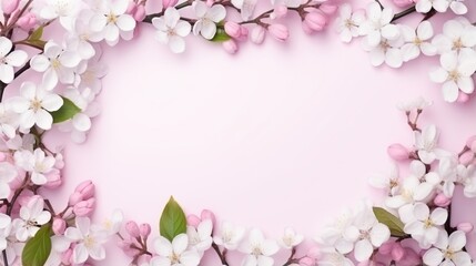  a pink background with white and pink flowers on the branches.  generative ai