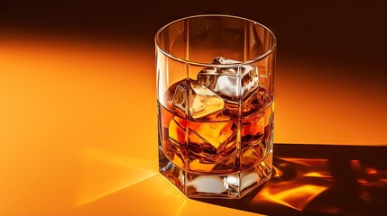  a glass of whiskey with ice cubes on a yellow background.  generative ai