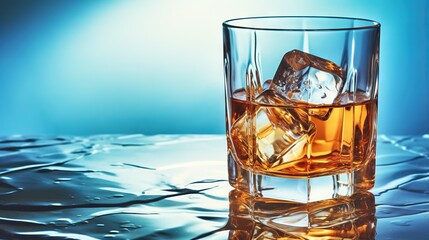  a glass of whiskey with ice cubes on a table.  generative ai