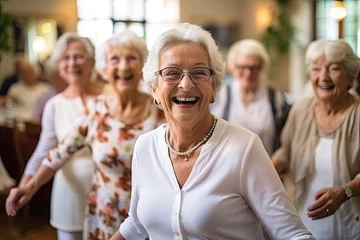 Gordijnen Portrait of senior people dancing exercise in the gym background. © Virtual Art Studio