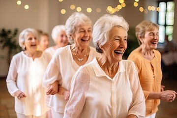 Portrait of senior people dancing exercise in the gym background.