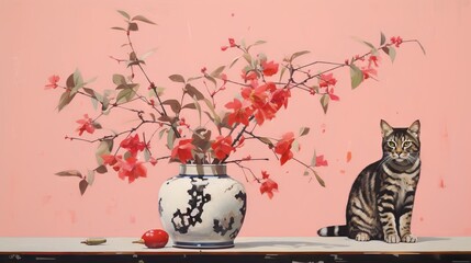  a painting of a cat sitting next to a vase with flowers in it.  generative ai