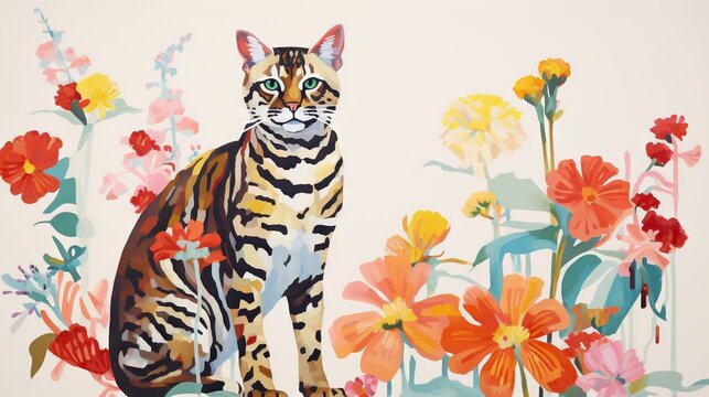  a painting of a cat sitting in a field of flowers.  generative ai