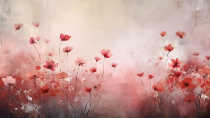  a painting of red flowers on a white and pink background.  generative ai
