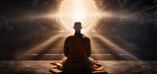  monk in a dark room, meditating and seeking spiritual enlightenment with his back turned - obrazy, fototapety, plakaty