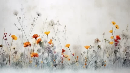 Fototapeten  a painting of a field of flowers with a white background.  generative ai © Shanti