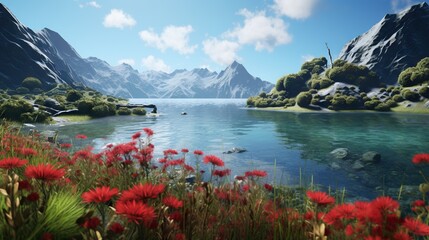  a painting of a mountain lake surrounded by flowers and grass.  generative ai - obrazy, fototapety, plakaty