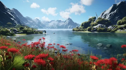 Rolgordijnen  a painting of a mountain lake surrounded by flowers and grass.  generative ai © Shanti