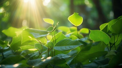Fototapeta na wymiar Light sunrays shining through green leaves created with Generative AI