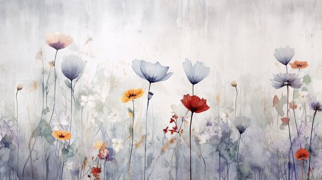  a painting of flowers in a field with a white background.  generative ai