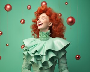 A fiery haired woman adorned in vibrant ruffles stands amidst a sea of green christmas balls, her presence both surreal and enchanting against the plain wall behind her