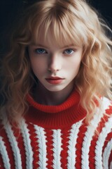 Fototapeta premium A stunning fashionista with luscious blonde locks and a fiery red and white sweater exudes winter elegance, her portrait capturing the essence of her as a person, with her doll-like features