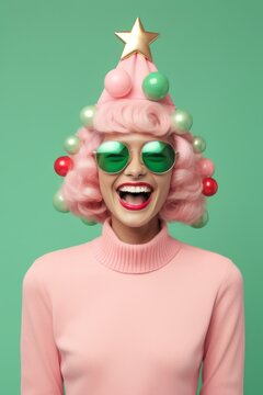 A stunning woman with a vibrant pink wig and chic sunglasses stands before a dazzling christmas tree, radiating beauty and confidence in her unique fashion choices, as her infectious smile lights up