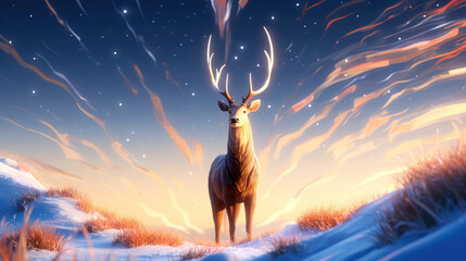 3d illustration of a deer in winter landscape with falling snow