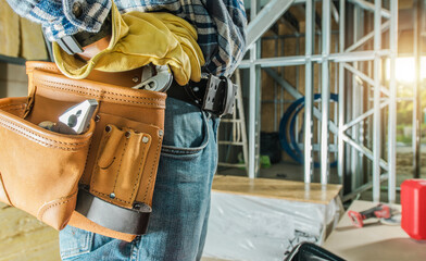 Professional Caucasian Construction Contractor Workers Tools Belt
