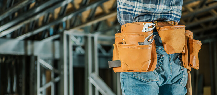 Professional Construction Worker Tools Belt Close Up